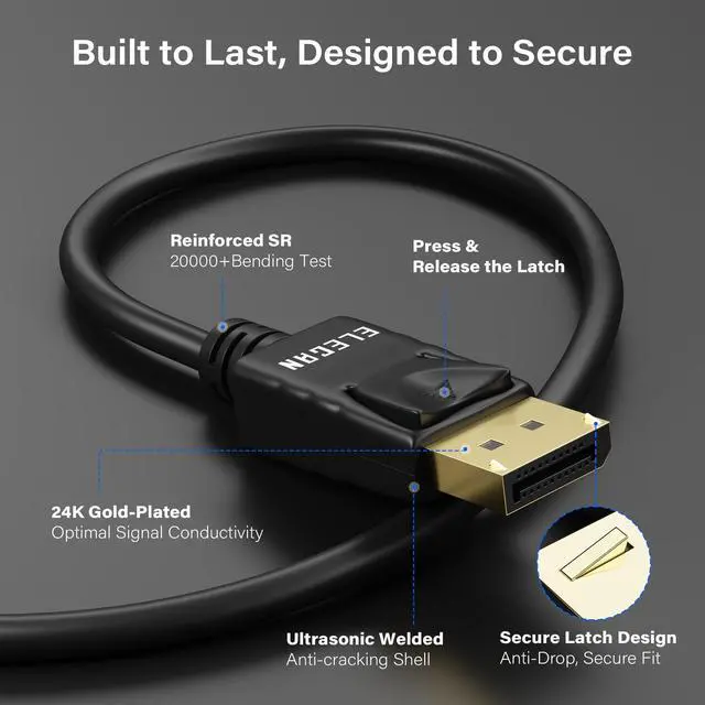 Alt view image 2 of 5 - Elecan VESA Certified 4K DisplayPort 1.2 Cable 10 FT/5 Pack, High-Speed DP to DP Male-to-Male Display Port Cord, 4K@60Hz 2K@165Hz/144Hz,HBR2 HDR HDCP Dolby for Gaming Monitor PC TV NVIDIA AMD+10 Tie