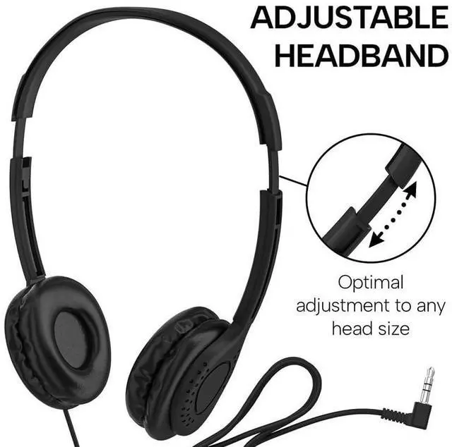 Alt view image 3 of 5 - Maeline Kids Headphones for School Classroom K-12, Library, Museum, Travel, On Ear Stereo Headset with Adjustable Band & Faux Leather Cushions - 3.5mm Plug - 100 Pack - Black
