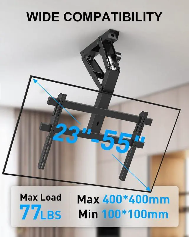 Alt view image 2 of 5 - Electric Ceiling TV Mount with Remote for 23-55 inch Flat Curved Screen TVs, Motorized Flip Down Ceiling Mount for Flat and Pitched Roof Indoor Outdoor, Drop Down VESA Mount Bracket, Black