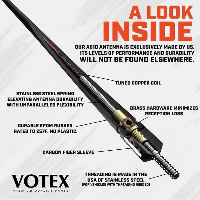 Alt view image 2 of 5 - Votex - 13 3/4 Inch Short Flexible Rubber Antenna - USA Stainless Steel Threading - Black Carbon Fiber Trim - Tuned Internal Copper Coil - Part Number A601-6M-15