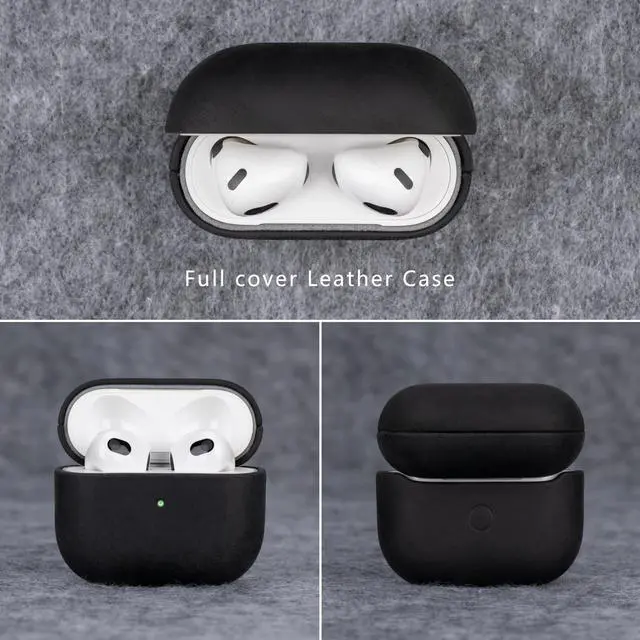 Alt view image 3 of 5 - Maogoam Leather Case Compatible with AirPods 3, Genuine Vintage Crazy Horse Cowhide Leather Case for Airpods 3rd Generation, Handcrafted Fully-Wrapped, Retro Style, Black