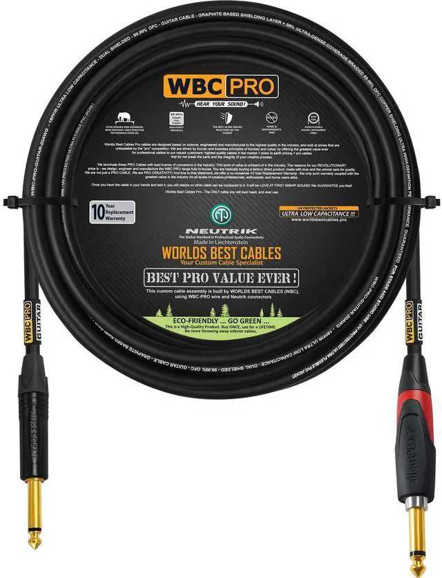 Main image of 20 Foot - WBC-PRO-Guitar 20 AWG - Low-Cap (18pF/ft) Pro-Grade Graphite-Based - Dual-Shielded Guitar Bass Instrument Cable w/Neutrik Straight (SilentPLUG) Inch (6.35mm) Gold TS Plugs