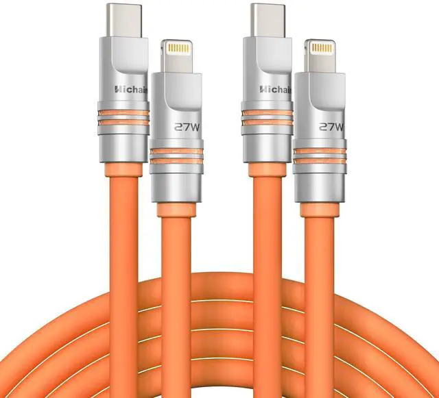 Main image of Hichain 2Pack Chubby Lightning Cable 27W Fast Charging USB C Cable Orange Lightning Cable for iPhone iPad 4FT+6.5FT Silicone USB C Cable Compatible with iPhone 14 13 12 11 X 8 Series