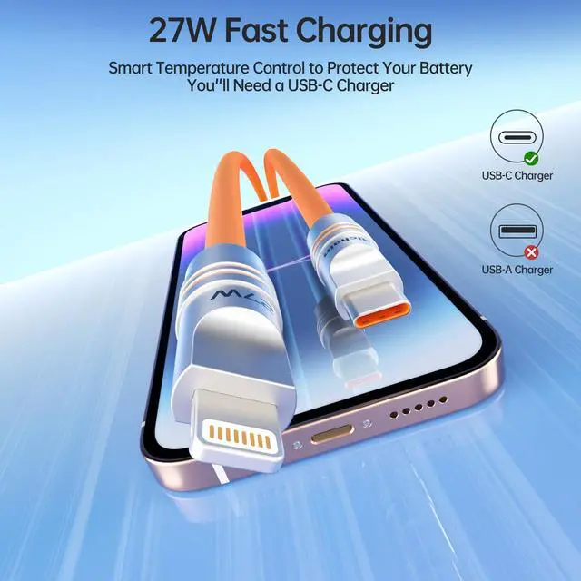 Alt view image 2 of 5 - Hichain 2Pack Chubby Lightning Cable 27W Fast Charging USB C Cable Orange Lightning Cable for iPhone iPad 4FT+6.5FT Silicone USB C Cable Compatible with iPhone 14 13 12 11 X 8 Series