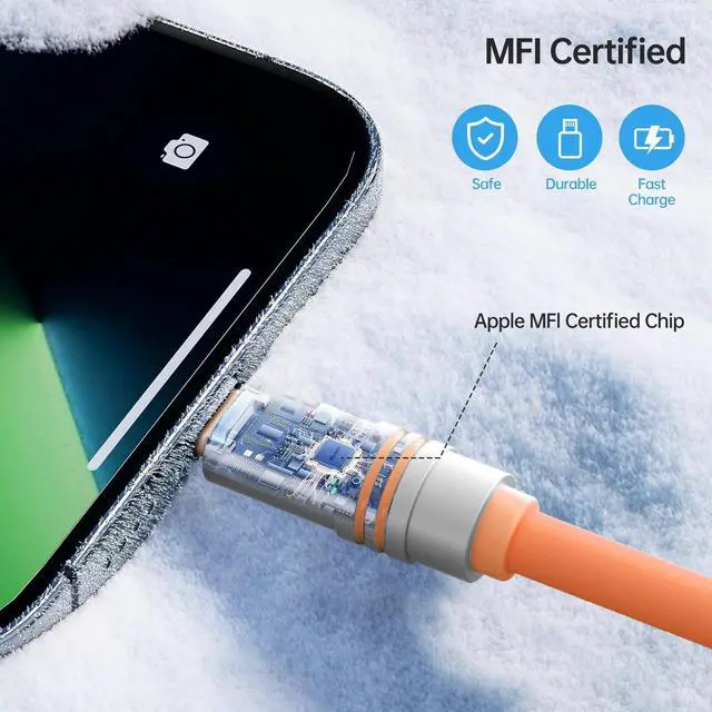 Alt view image 4 of 5 - Hichain 2Pack Chubby Lightning Cable 27W Fast Charging USB C Cable Orange Lightning Cable for iPhone iPad 4FT+6.5FT Silicone USB C Cable Compatible with iPhone 14 13 12 11 X 8 Series
