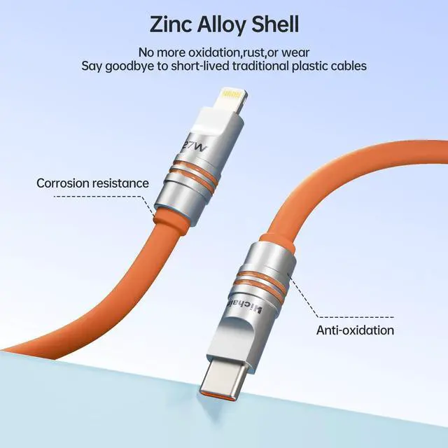 Alt view image 3 of 5 - Hichain 2Pack Chubby Lightning Cable 27W Fast Charging USB C Cable Orange Lightning Cable for iPhone iPad 4FT+6.5FT Silicone USB C Cable Compatible with iPhone 14 13 12 11 X 8 Series