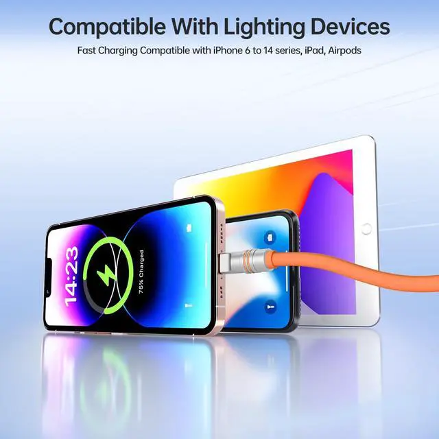 Alt view image 5 of 5 - Hichain 2Pack Chubby Lightning Cable 27W Fast Charging USB C Cable Orange Lightning Cable for iPhone iPad 4FT+6.5FT Silicone USB C Cable Compatible with iPhone 14 13 12 11 X 8 Series