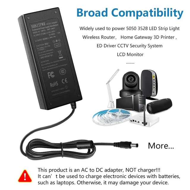 Alt view image 5 of 5 - SHNITPWR 24V 3A Power Supply 24 Volt 3amp 2A AC/DC Adapter 5.5x2.5mm Plug