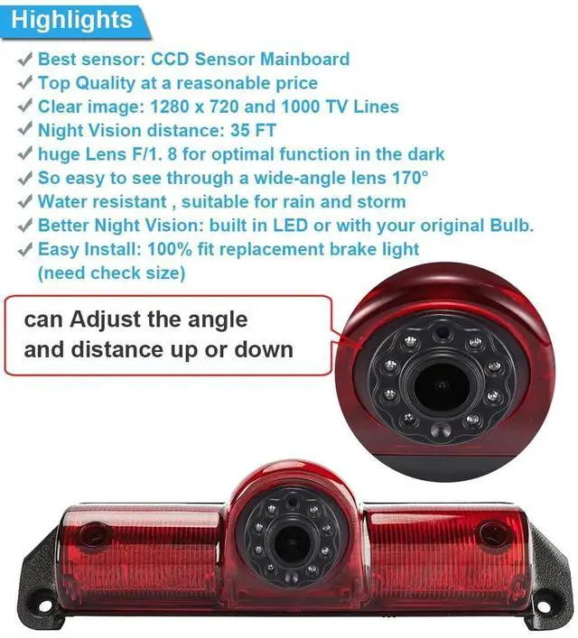 Alt view image 4 of 5 - 1280 * 720 Pixels Car Third Roof Brake Lamp Rear View Backup Camera Replacement for Chevrolet Express GMC Savana Vans Exporer Vans Cargo Waterproof Night Vision Parking Reverse Camera