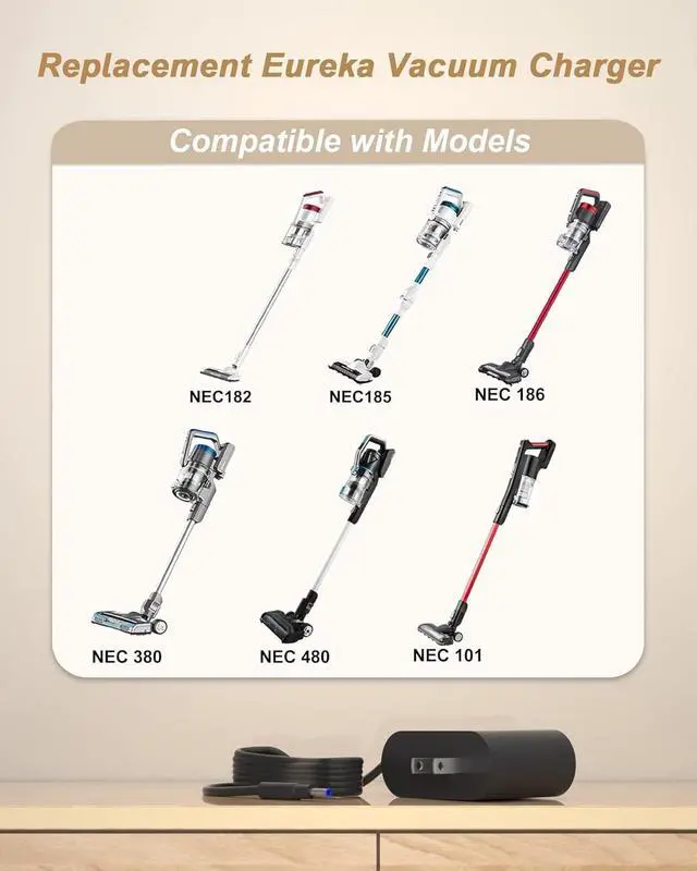 Alt view image 3 of 5 - WUKUR Charger for Eureka MC2805A Compatible with Eureka Rapid Clean Pro NEC180 NEC182 NEC185 NEC186 NEC280TL NEC380 NEC480 NEW400 Lightweight Cordless Vacuum Cleaner Adapter Power Supply