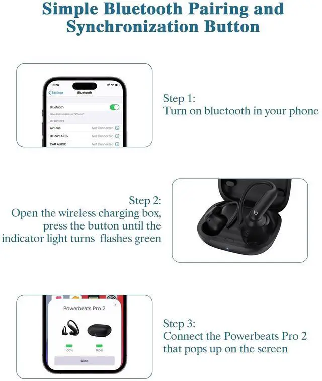 Alt view image 4 of 5 - Jinstyles Replacement Charging Case Compatible with Powerbeats Pro 2: Wireless Charger Case with Bluetooth Pairing Button, 600mAh Battery, USB-C Charging Cable Included