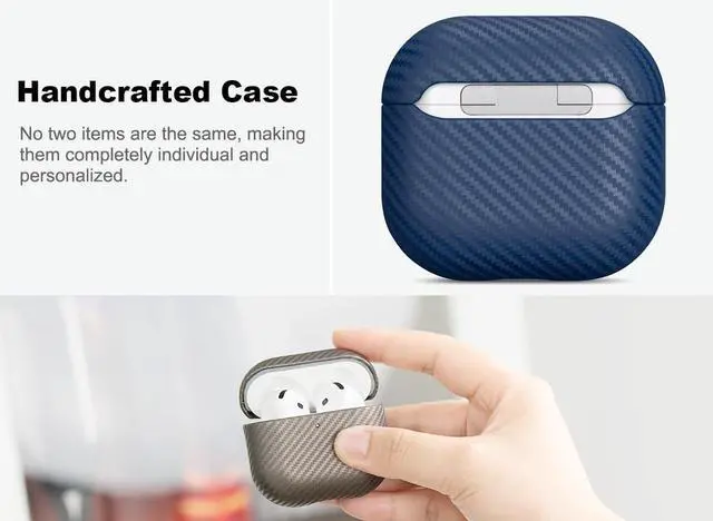 Alt view image 3 of 5 - Haobobro Leather Case - for AirPods 4 with Active Noise Cancellation/AirPods 4 Case Cover - Selected Skin-Friendly Leather, with Carbon Fibre Texture, Handmade Drop Protective Hard Cover - Blue