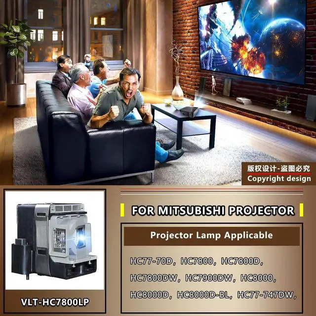 Alt view image 2 of 5 - Replacement Projector Lamp Bulb with Housing for Vlt-HC7800LP Replacement Lamp(240W) Mitsubishi HC77-70D/ HC7800/ HC7800D/ HC7800Dwith HC7900Dwith HC8000/ HC8000D/ HC8000D-Bl/ HC77-747DW Projectors