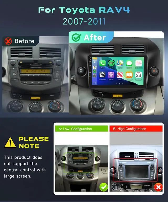 Alt view image 2 of 5 - 8Core 4GB+64GB for Toyota RAV4 2007-2011 Car Stereo Radio with 5/6GhzWiFi,10.1 Inch 1280x720P IPS Touchscreen Wireless Carplay/Android Auto DSP Hi-Res GPS Android 13 FM/RDS SWC Camera