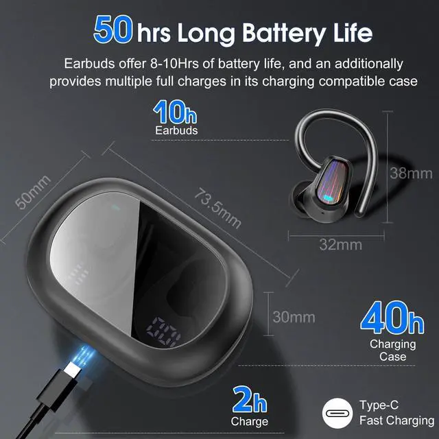 Alt view image 4 of 5 - Wireless Earbuds, Bluetooth 5.4 Headphones Sport, Over Ear Buds with ENC Noise Canceling Mic, Deep Bass Stereo Earphones with Hook, 50H Playback, LED Display, IP7 Ear Buds for Workout Running,