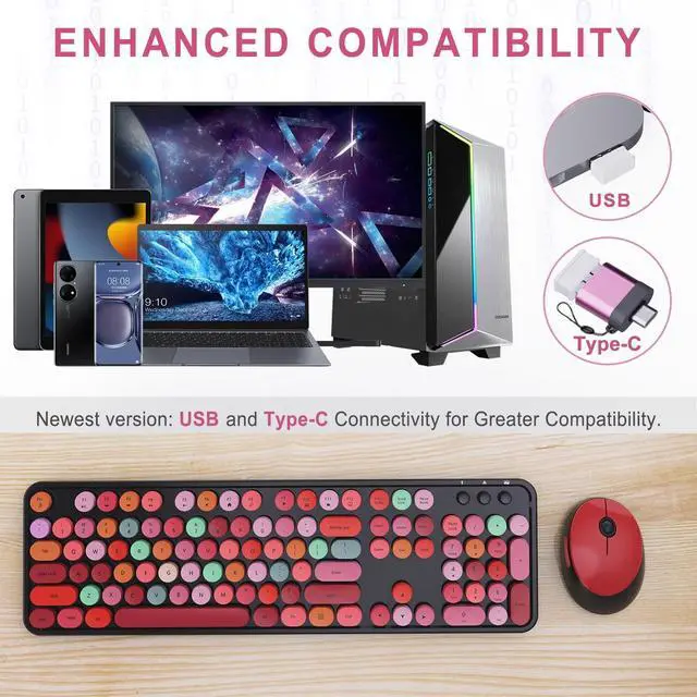 Alt view image 2 of 5 - Wireless Keyboard and Mouse Combo, Ergonomic Full Size Typewriter Retro Round Keycaps Keyboard, Compatible with Windows, PC, Perfer for Home and Office Keyboards (Red