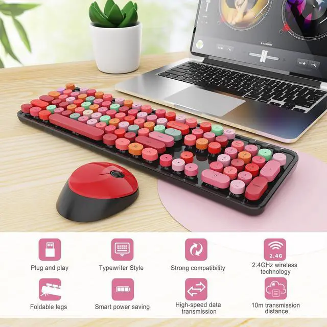 Alt view image 3 of 5 - Wireless Keyboard and Mouse Combo, Ergonomic Full Size Typewriter Retro Round Keycaps Keyboard, Compatible with Windows, PC, Perfer for Home and Office Keyboards (Red