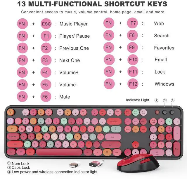 Alt view image 4 of 5 - Wireless Keyboard and Mouse Combo, Ergonomic Full Size Typewriter Retro Round Keycaps Keyboard, Compatible with Windows, PC, Perfer for Home and Office Keyboards (Red