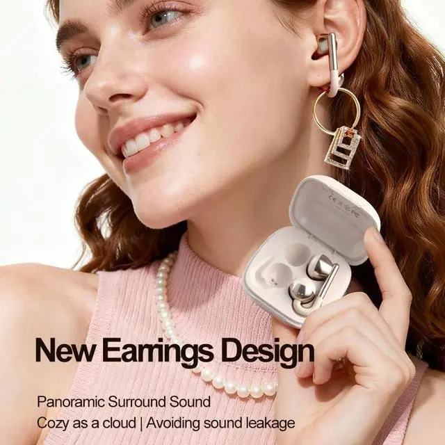 Alt view image 3 of 5 - Soinf Open Earphones with Exquisite Earrings, Women's Bluetooth Wireless Earphones with Noise Reduction, Suitable for Work, Fitness, Sports, Daily wear, Gifts (White with Camellia Earrings)