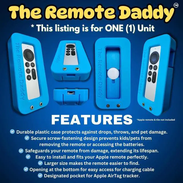 Alt view image 4 of 5 - The Remote Daddy - Stops Dog Chewing ^^ Kid-Proof ^^ Locks Battery Compartment ^^ Shock-Absorbing Remote Cover ^^ Prevents Remote Loss ^^ Protective Case for Apple Siri Remote (Blue)