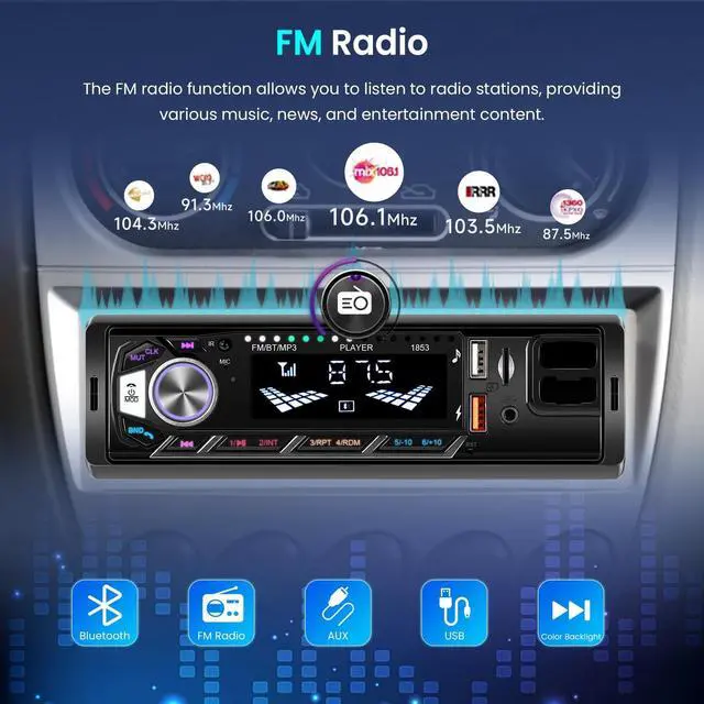 Alt view image 3 of 5 - Car Radio Bluetooth Single DIN Multimedia Audio Receiver,Car Stereo, Phone Holders, FM Radio, Voice Control, Colorful Backlight, SWC,Hands Free, TF/USB/AUX MP3 Car Audio Receivers