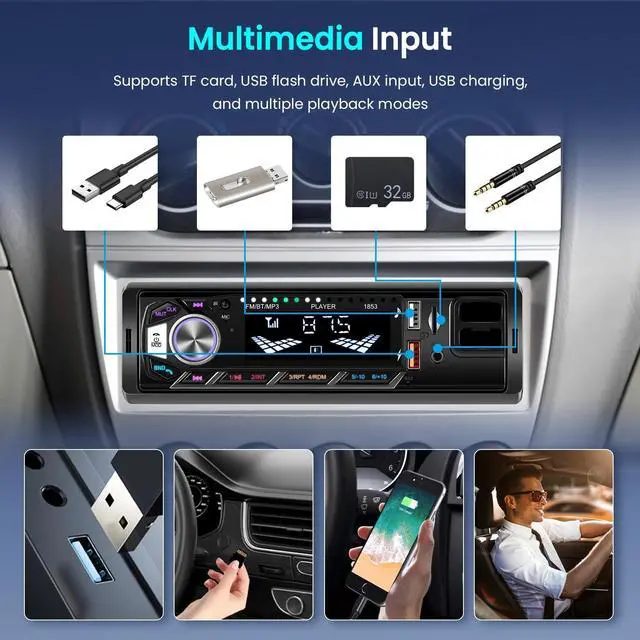 Alt view image 4 of 5 - Car Radio Bluetooth Single DIN Multimedia Audio Receiver,Car Stereo, Phone Holders, FM Radio, Voice Control, Colorful Backlight, SWC,Hands Free, TF/USB/AUX MP3 Car Audio Receivers