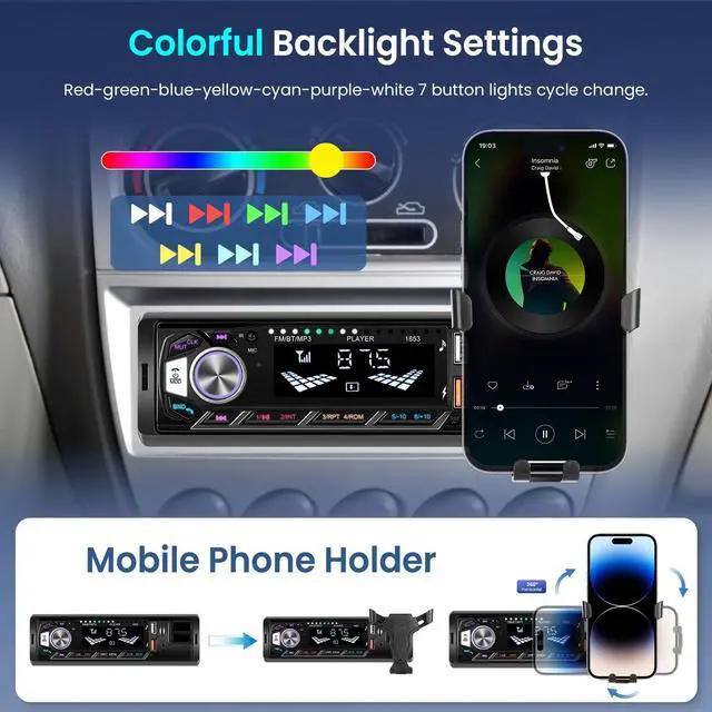 Alt view image 5 of 5 - Car Radio Bluetooth Single DIN Multimedia Audio Receiver,Car Stereo, Phone Holders, FM Radio, Voice Control, Colorful Backlight, SWC,Hands Free, TF/USB/AUX MP3 Car Audio Receivers