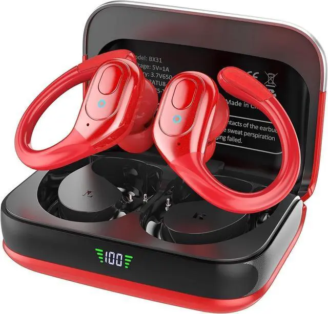 Main image of sajawass Wireless Earbuds Headphones Bluetooth 5.4, Noise Canceling Ear Buds with 75hr Playtime, IPX7 Waterproof Earphones Over-Ear Earphones for Sports/Workouts, LED Power Display - Red