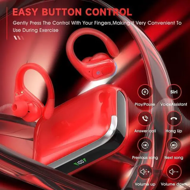 Alt view image 3 of 5 - sajawass Wireless Earbuds Headphones Bluetooth 5.4, Noise Canceling Ear Buds with 75hr Playtime, IPX7 Waterproof Earphones Over-Ear Earphones for Sports/Workouts, LED Power Display - Red