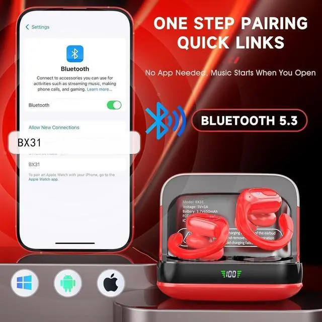 Alt view image 4 of 5 - sajawass Wireless Earbuds Headphones Bluetooth 5.4, Noise Canceling Ear Buds with 75hr Playtime, IPX7 Waterproof Earphones Over-Ear Earphones for Sports/Workouts, LED Power Display - Red