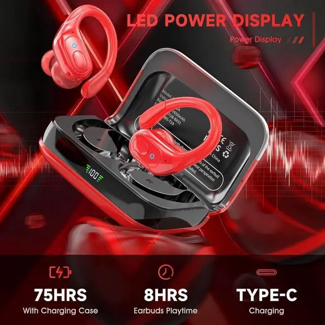Alt view image 2 of 5 - sajawass Wireless Earbuds Headphones Bluetooth 5.4, Noise Canceling Ear Buds with 75hr Playtime, IPX7 Waterproof Earphones Over-Ear Earphones for Sports/Workouts, LED Power Display - Red