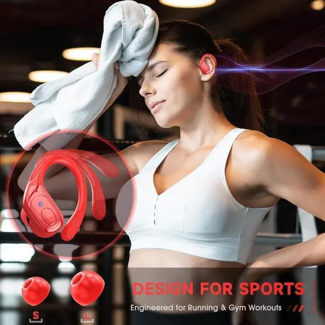 Alt view image 5 of 5 - sajawass Wireless Earbuds Headphones Bluetooth 5.4, Noise Canceling Ear Buds with 75hr Playtime, IPX7 Waterproof Earphones Over-Ear Earphones for Sports/Workouts, LED Power Display - Red