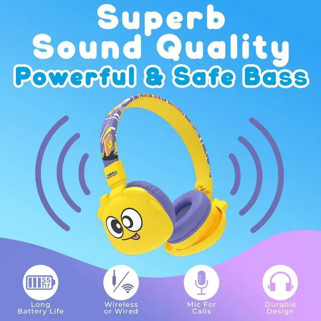 Alt view image 4 of 5 - JellieMons Booma Echo Wireless Stereo Headphones for Kids, Over Ear, Foldable, Fun Characters, Safe Volume Features, Optional Wired Connection, School Ready, Long Play time. (Blue)