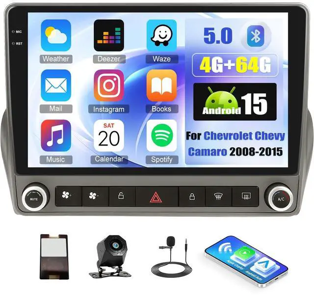 Main image of Android 15 4+64G Car Stereo for Chevrolet Chevy Camaro 2008-2015 With Wireless A-pple Carplay Android Auto, 9" 1280*720 Touchscreen Unit With Bluetooth-5.0 32-EQ/GPS WiFi/ FM/RDS SWC+Backup Cam