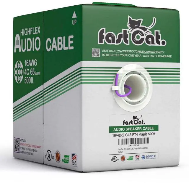 Main image of fast Cat. Speaker Wire 16 Guage 4C, UL Listed & CMR/CL3R-FT4 Rated - Speaker Cable w/PVC Jacket, 100% Oxygen-Free Pure Bare Copper - (65) HighFlex 16 Guage Wire - in-Wall Use-500ft Bulk Cable, Purple
