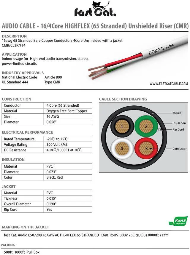 Alt view image 2 of 5 - fast Cat. Speaker Wire 16 Guage 4C, UL Listed & CMR/CL3R-FT4 Rated - Speaker Cable w/PVC Jacket, 100% Oxygen-Free Pure Bare Copper - (65) HighFlex 16 Guage Wire - in-Wall Use-500ft Bulk Cable, Purple
