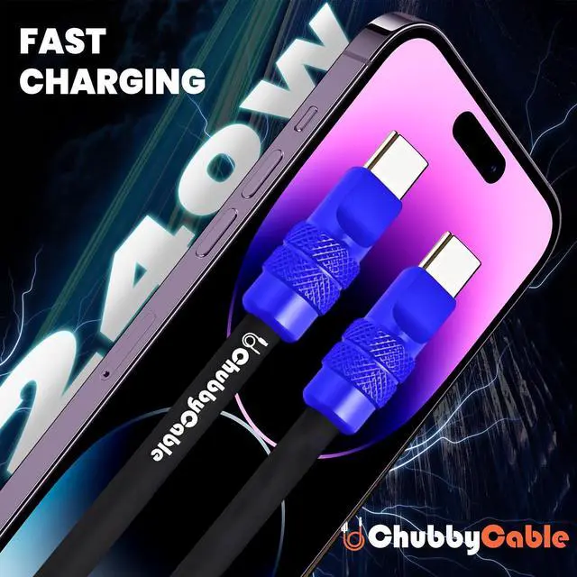 Alt view image 2 of 5 - chubbycable Chubby 2.0 Anodized Version 240W USB C Cable Reflective Shine Fast Charging Cable Charger Cord Compatible with iPhone 17-15 Series, Black+Light Blue,Type-C to Type-C, 6.6FT
