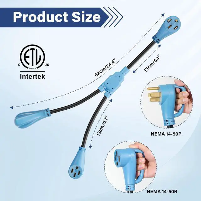 Alt view image 3 of 5 - 50 Amp Y Splitter Adapter Cord 3 Ft for RV EV Charging, 4 Prong 250V NEMA 14-50P to (2) 14-50R for Power Extension Plug & Auto/EV/Tesla Model 3/S/X/Y, Heavy-Duty 6/3+8/1 Gauge STW Outdoor, ETL-Blue
