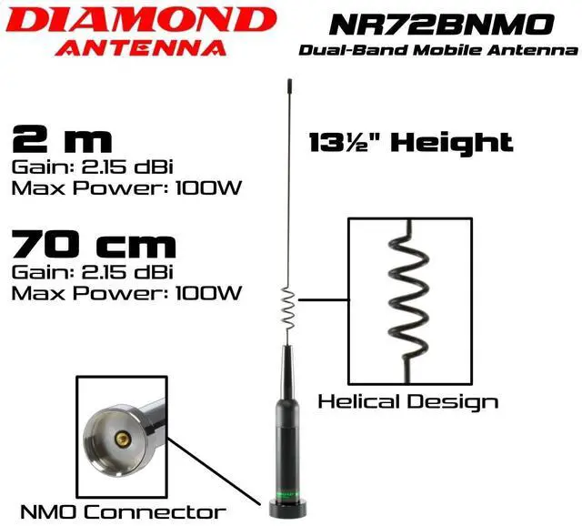 Alt view image 3 of 3 - Diamond Antenna NR72BNMO Dual-Band Mobile Antenna 2m/70cm, 2.15 dBi Gain, 100W Power Rating, 13.8" Height, NMO Mount