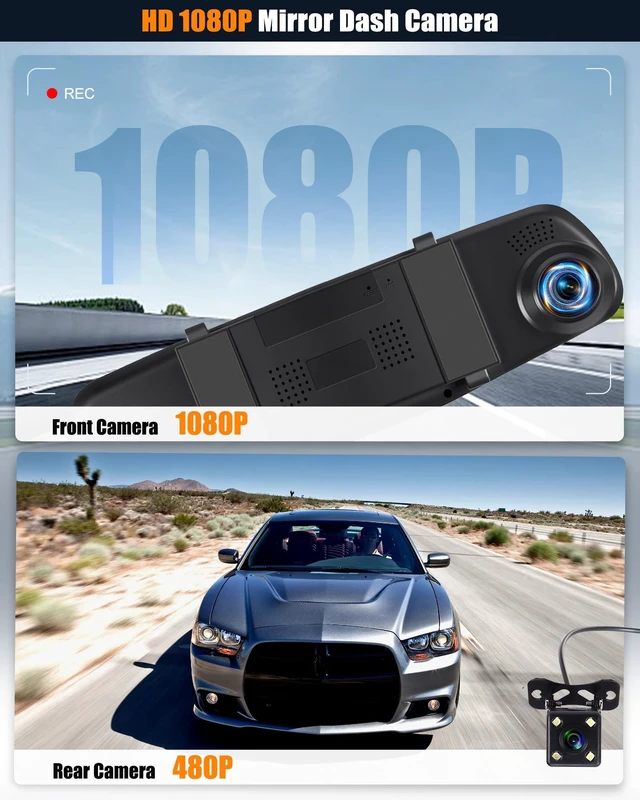 Alt view image 4 of 5 - CAMECHO Mirror Dash Cam, 4.5" 1080P Rear View Mirror Camera, Front and Backup Camera for Cars, Dashcam Loop Recording, Wide Angle, Parking Assistance, Motion Detection