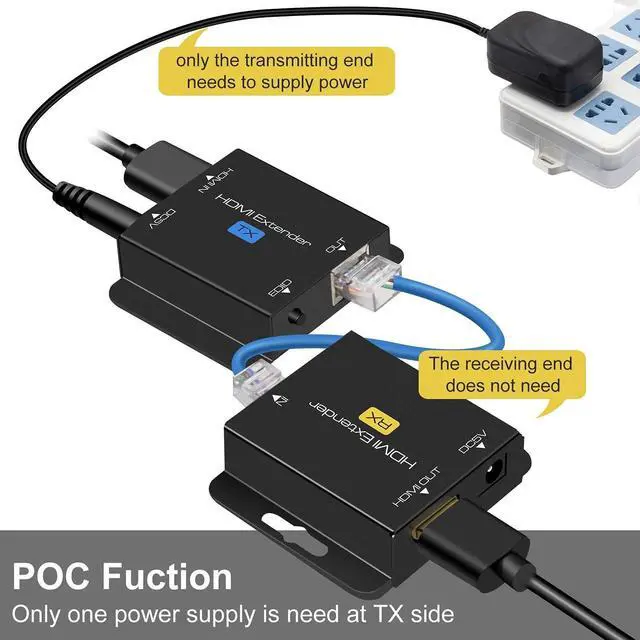 Alt view image 5 of 5 - QIUB XCL Black 60m HDMI Extender, CAT 678 UTP, EDID Input PortDC 5V Power, 1080P, Rj45, Compatible with Blue-ray, Fire Stick, 200 Feet