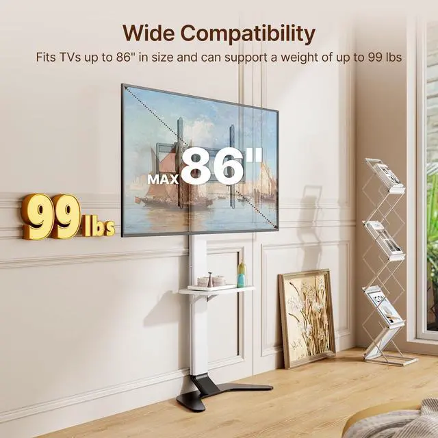 Alt view image 3 of 5 - ECOTINY Ultra Slim Floor TV Stand for 3786 Inch TVs, Modern Curved Base with Shelf, Adjustable Height & Tilt, Space-Saving Design with Cable Management, Fits VESA 600x400mm, White