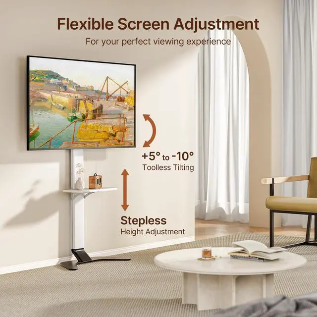 Alt view image 4 of 5 - ECOTINY Ultra Slim Floor TV Stand for 3786 Inch TVs, Modern Curved Base with Shelf, Adjustable Height & Tilt, Space-Saving Design with Cable Management, Fits VESA 600x400mm, White