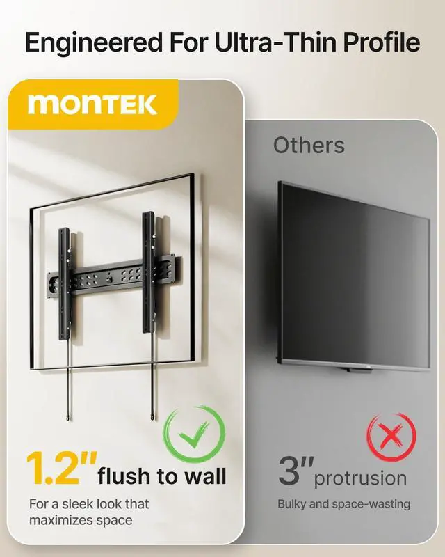 Alt view image 2 of 5 - monTEK Ultra Slim Tilting TV Wall Mount Bracket for 4395" Flat & Curved TVs, 1.2" Low Profile, Anti-Glare Tilt, Holds 150 lbs, Supports VESA 800x400, Fits 16"/18"/24"/32" Studs