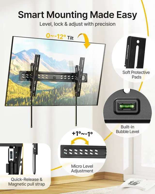 Alt view image 4 of 5 - monTEK Ultra Slim Tilting TV Wall Mount Bracket for 4395" Flat & Curved TVs, 1.2" Low Profile, Anti-Glare Tilt, Holds 150 lbs, Supports VESA 800x400, Fits 16"/18"/24"/32" Studs