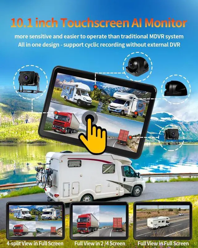 Alt view image 3 of 5 - AI 4 Channel 1080P RV Backup Camera System with 10.1 Inch Touchscreen Monitor,Person Detection MDVR Recording with 4pcs IP69K Waterproof Cameras for Truck/Trailer/Camper Van/SUV/Fleet/Push