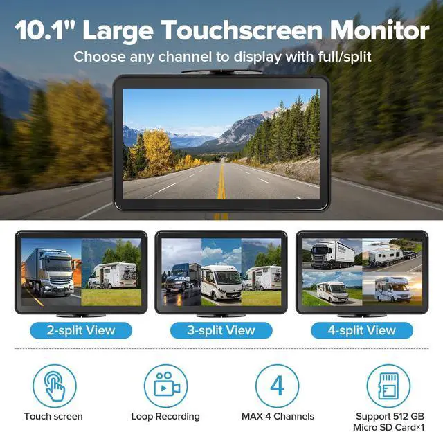Alt view image 5 of 5 - AI 4 Channel 1080P RV Backup Camera System with 10.1 Inch Touchscreen Monitor,Person Detection MDVR Recording with 4pcs IP69K Waterproof Cameras for Truck/Trailer/Camper Van/SUV/Fleet/Push