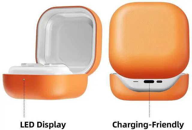 Alt view image 4 of 5 - OATSBASF Leather Case for Samsung Galaxy Buds4 (2026), Made of Full Grain Leather, Wireless Charging, Protective Hard Cover, Headphone Accessories, for Men Women, Orange