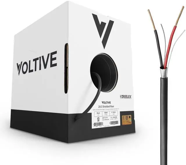 Main image of Voltive 20/2 Shielded Low Voltage Wire, Riser CL3R, Black, 1000ft - 20AWG, 2 Conductors, Overall Shield, Stranded Bare Copper, UL Listed - V-1304-2