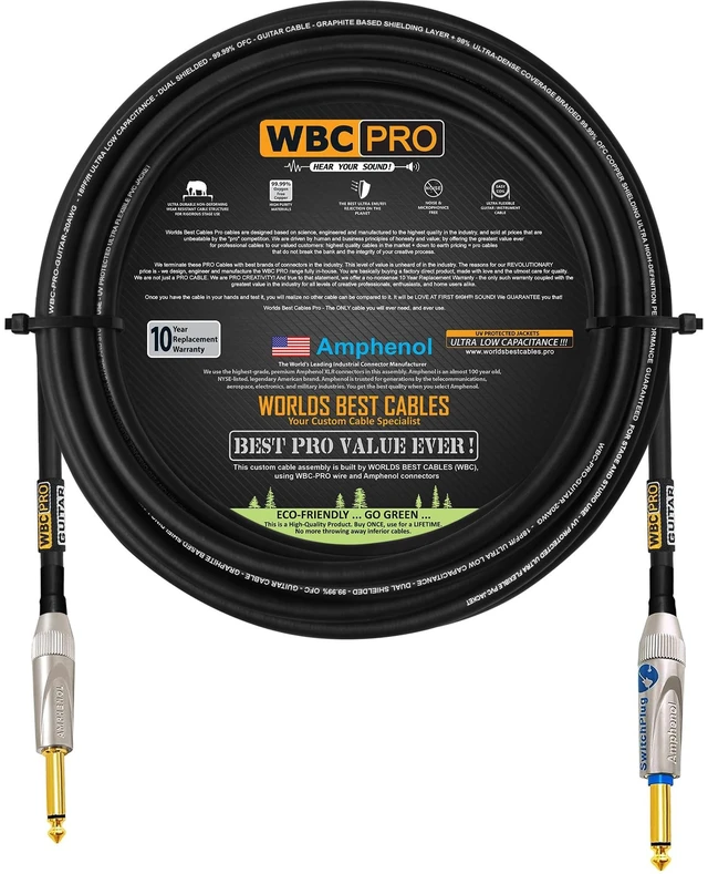 Main image of 25 Foot - WBC-PRO-Guitar 20 AWG - Low-Cap (18pF/ft) Pro-Grade Graphite-Based - Dual-Shielded Guitar Bass Instrument Cable w/Amphenol Straight - Straight (Silent) Inch (6.35mm) Gold TS Plugs
